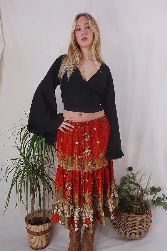 Rosie Midi Skirt - Vintage Indian Sari - Burnt Orange Apples - Free Size