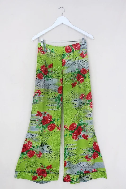 Tandy Wide Leg Trousers - Vintage Sari - Green Mango Floral - Free Size S/M