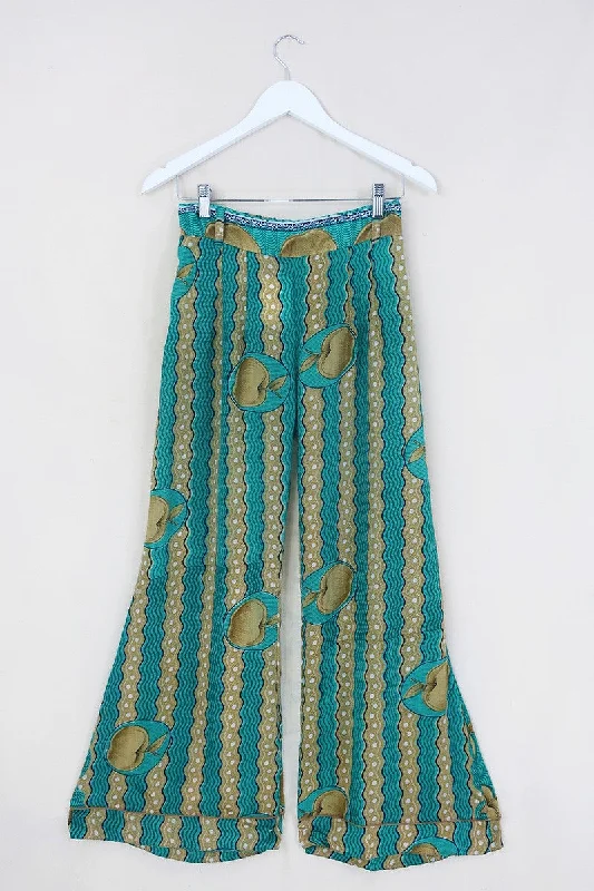 Tandy Wide Leg Trousers - Vintage Sari - Jade & Brass - Free Size S/M