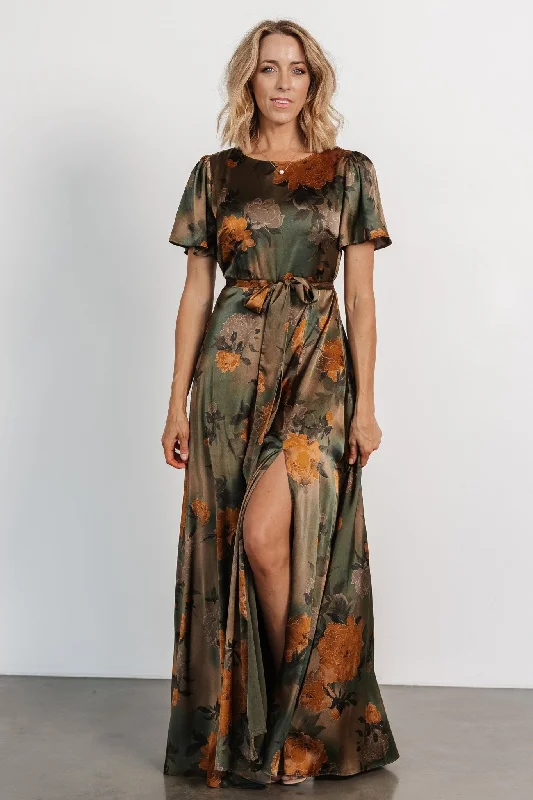 Agnes Satin Maxi Dress | Olive Floral