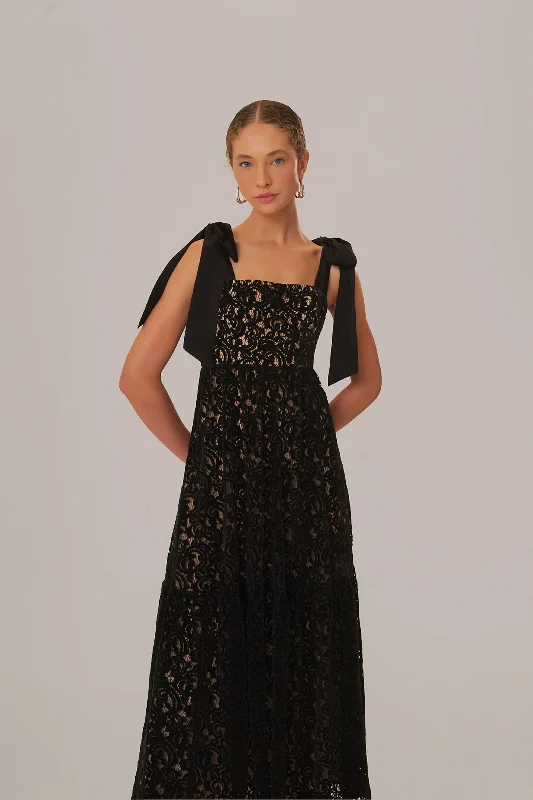 Black Velvet Lace Sleeveless Maxi Dress