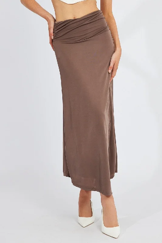 Brown Maxi Skirt Asymmetric Hem