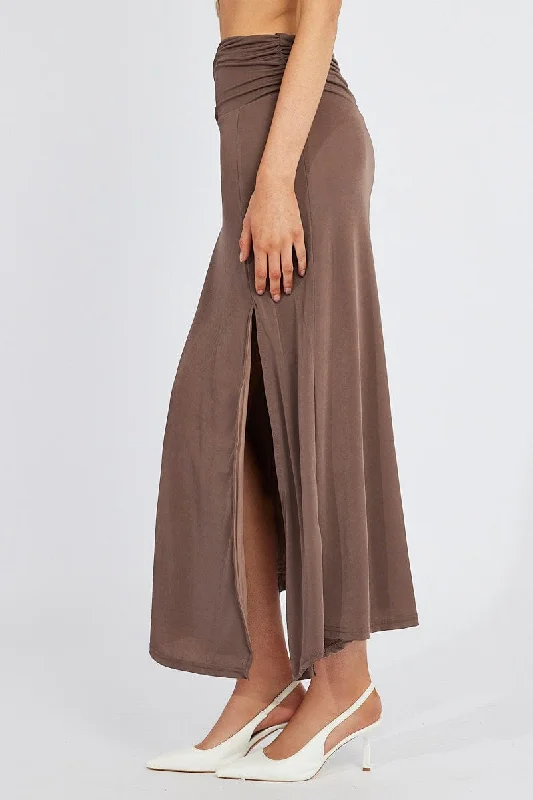 Brown Maxi Skirt Asymmetric Hem