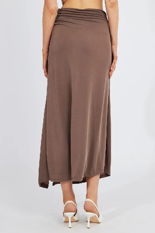 Brown Maxi Skirt Asymmetric Hem