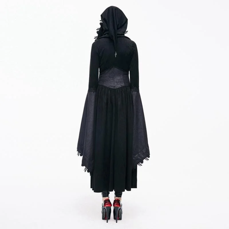 Women's Goth Ankle Dress With Hood and Angel Sleeves