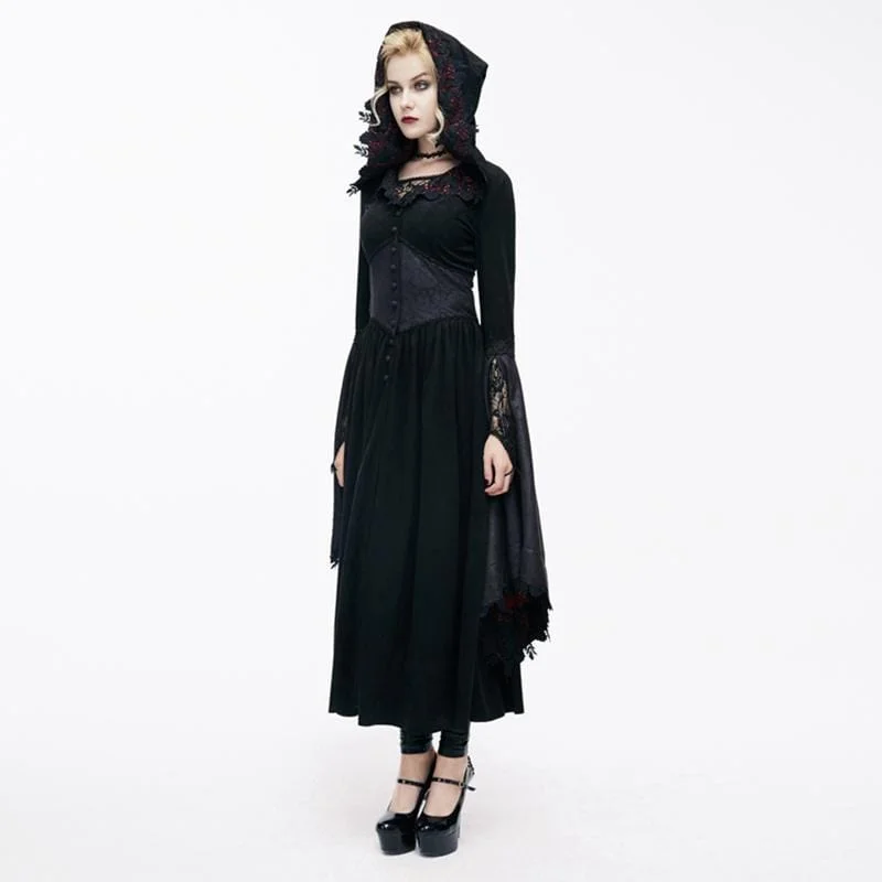 Women's Goth Ankle Dress With Hood and Angel Sleeves