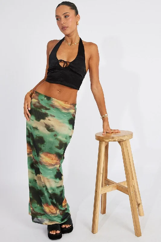 Green Abstract Maxi Skirt High Rise Mesh