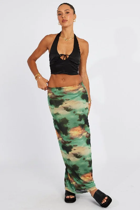 Green Abstract Maxi Skirt High Rise Mesh