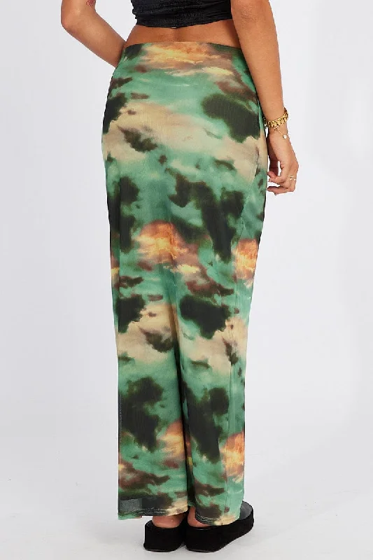 Green Abstract Maxi Skirt High Rise Mesh