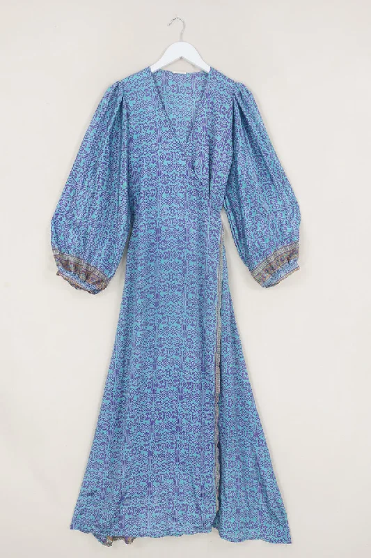 Lola Wrap Dress - Ice Blue & Violet Abstract - Size S/M