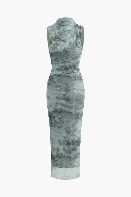 Tie Dye Mock Neck Sleeveless Mesh Maxi Dress