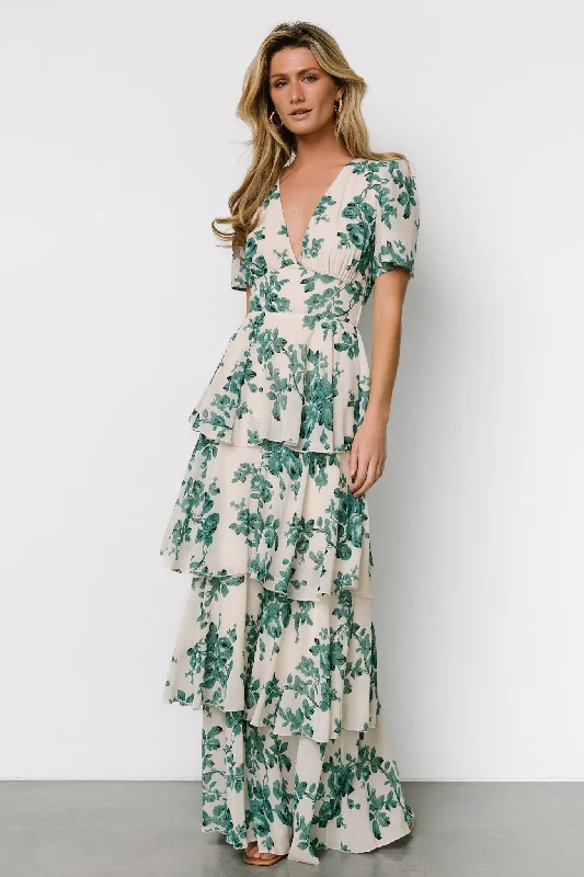 Montaigne Ruffle Maxi Dress | Ivory + Green Floral