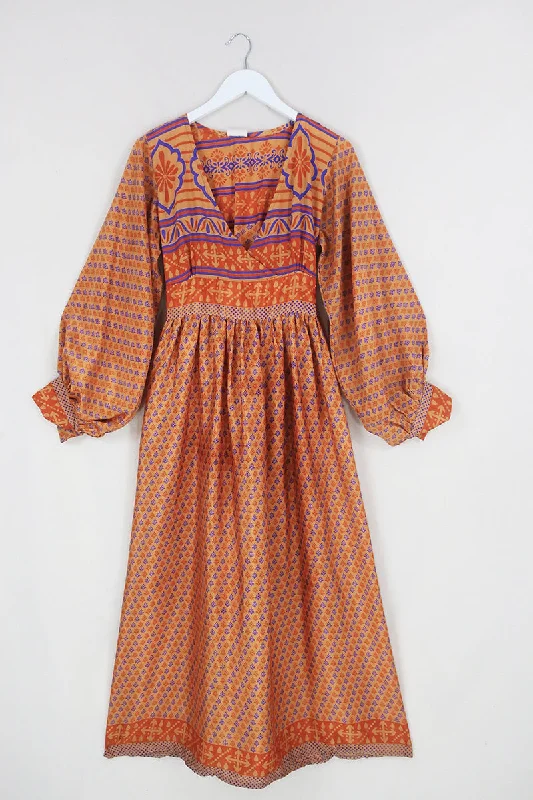 Rosemary Maxi Dress - Vintage Indian Sari - Bitter Orange & Bluebell - Size XS/S