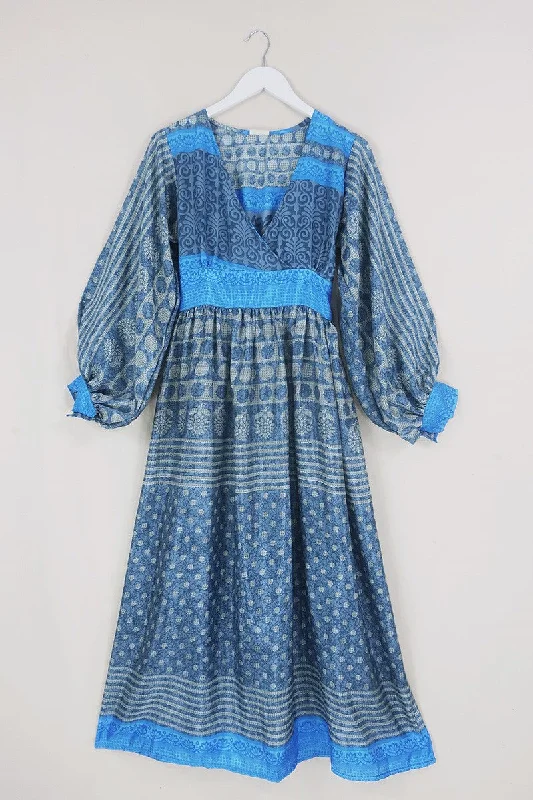 Rosemary Maxi Dress - Vintage Indian Sari - Stormy Grey & Blue Sky Patchwork - Size XS/S