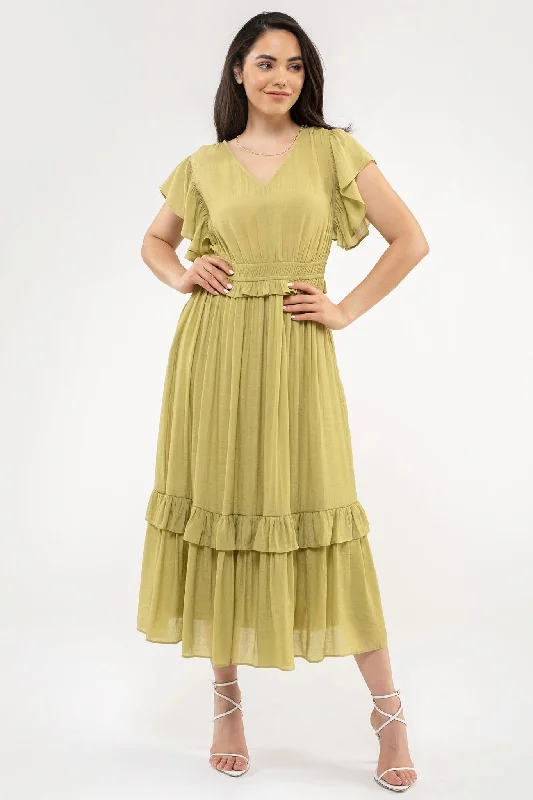 Ruffle Sleeve Midi Dress in Kiwi 2045