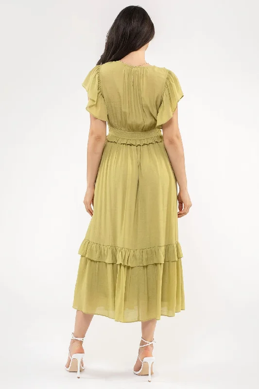 Ruffle Sleeve Midi Dress in Kiwi 2045