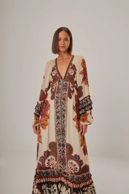 Sand Winter Tapestry V Neck Maxi Dress