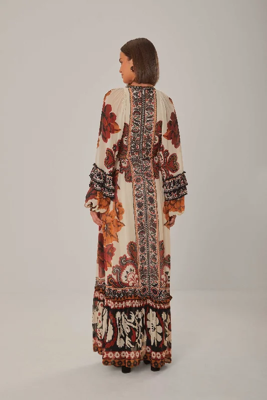 Sand Winter Tapestry V Neck Maxi Dress