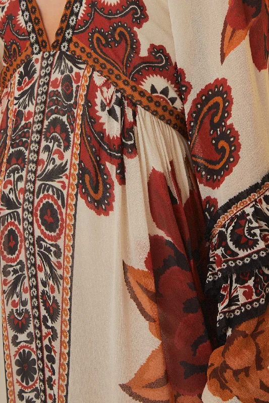 Sand Winter Tapestry V Neck Maxi Dress