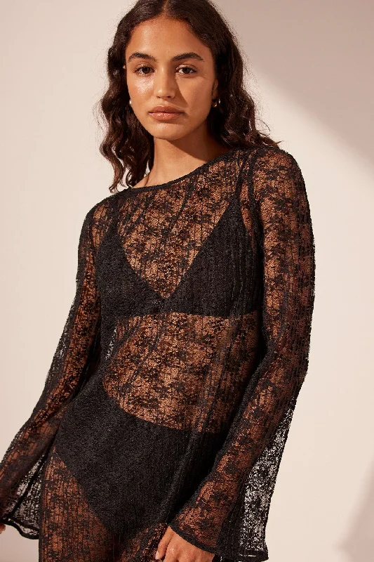 SOL LACE LONG SLEEVE MIDI DRESS - BLACK