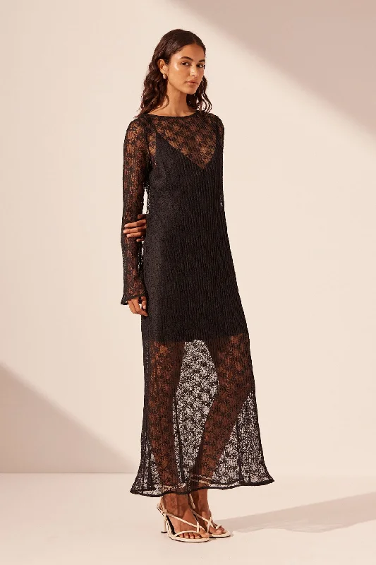 SOL LACE LONG SLEEVE MIDI DRESS - BLACK